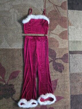 Holiday Velvet Crop Top and Flare Pant Set - Hot Pink with White Trim